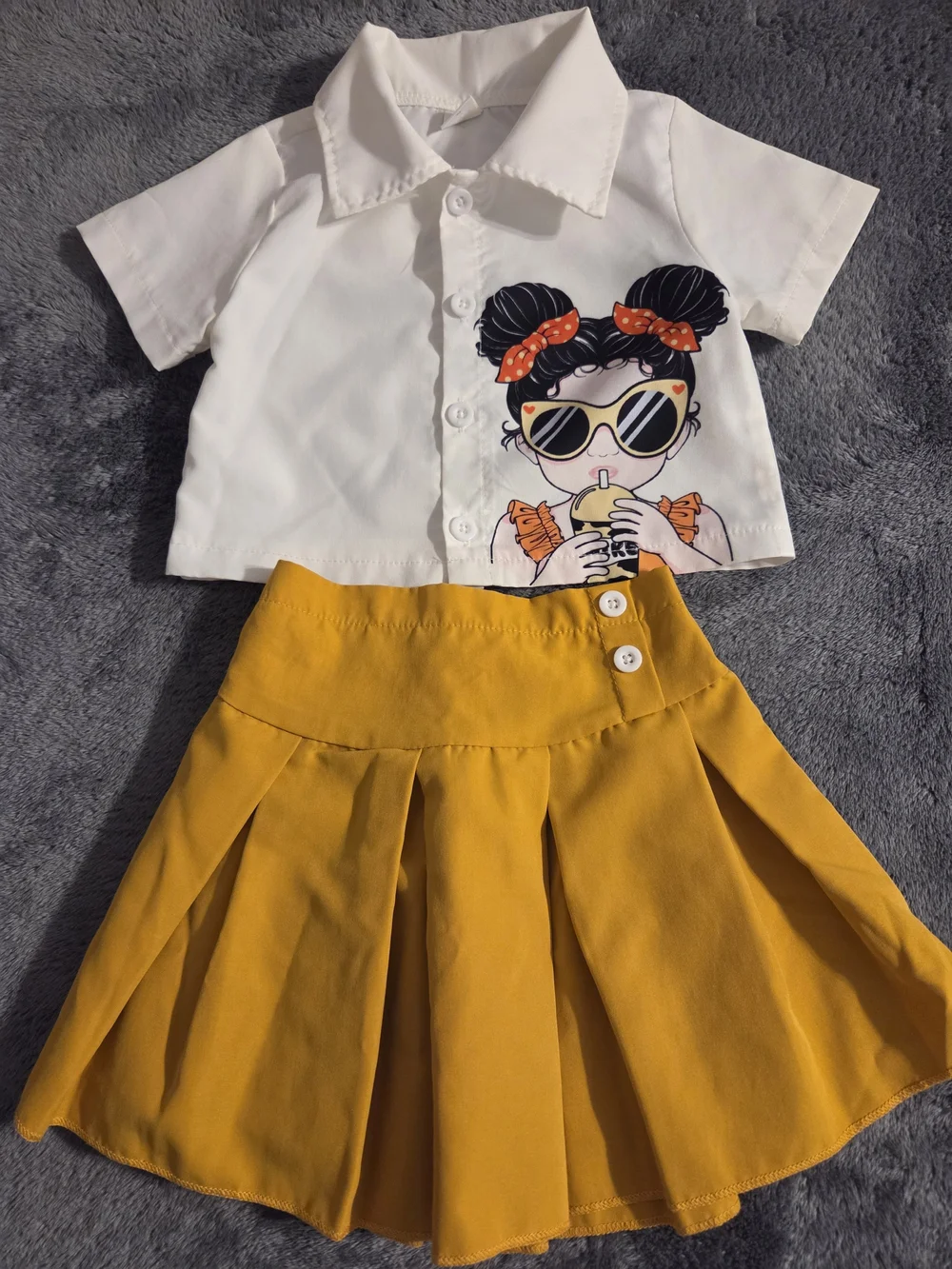 Girls White Graphic Crop Shirt with Mustard Yellow Pleated Skirt Set